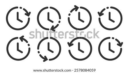 Time clock history back arrow ui interface icon vector graphic element set, reverse timer line outline stroke, past period interval stopwatch sign symbol simple pictogram, rotation backward clip art