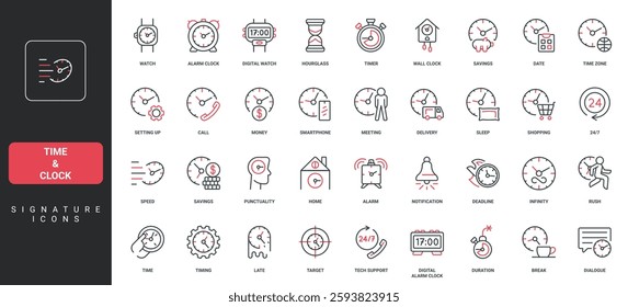 Time and clock, hourglass and timer, stopwatch, chronometer for hour and minute countdown line icon set. Productivity, speed and late, time to sleep thin black and red symbols vector illustration