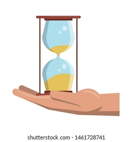 time clock hourglass watch sand alarm over hand cartoon vector illustration graphic design
