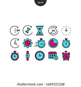 Esquema plano de icono de hora y reloj. conjunto de iconos lineales de ilustración vectorial. Pasos10