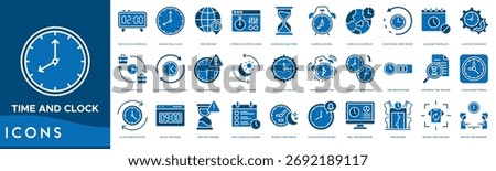 Time and Clock Icon line set. Digital Clock Interface, Analog Wall, Time Zone Map, Stopwatch Control Panel, Hourglass Sand Timer, Alarm Clock Bell and World Clock Display