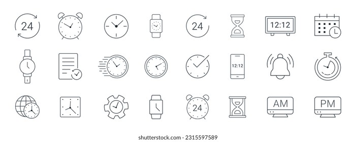 Juego de iconos de hora y reloj, calendario, ilustración de icono de temporizador