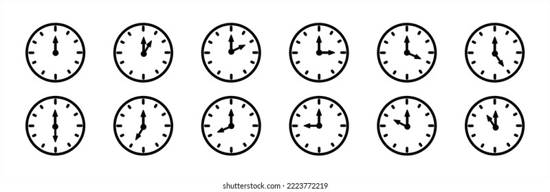 Time and clock icon set. Complete 12 hours pointed clockwise o'clock sharp vector illustration. Set of analog.	