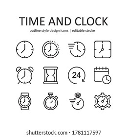 Time and clock icon set. Contains such Icons as watch, calendar, alarm and more . Line style design. Vector graphic illustration. Suitable for website design, app, template, ui.