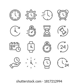 Time and clock icon set. Contains such Icons as alarm, time management, hourglass. Line style design. Vector graphic illustration. Suitable for website design, app, template, ui. Editable stroke.