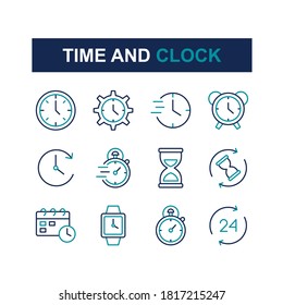 Time and clock icon set. Contains such Icons as alarm, time management, hourglass. Line style design. Vector graphic illustration. Suitable for website design, app, template, ui. Editable stroke.