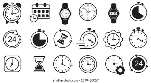 Zeit- und Uhrensymbol-Set, enthält Alarm, Wiederherstellung, Management, Kalender, Zeitgeber, Geschwindigkeit, in dünner Linie Stil, Zeichen oder Symbole für Web und Handy einzeln auf weißem Hintergrund, Vektorgrafik