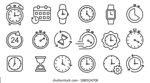 Time and clock icon set, contains alarm, restore, management, calendar, timer, speed, in thin line style, sign or symbols for web and mobile phone isolated on white background, vector illustration