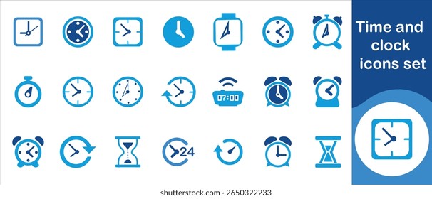 Time and clock icon set, dial, calendar,  ten, five, gear, object, hourglass, sand, fast, measurement, digital, linear, business, collection, stroke, thin, service, minimal, time and more