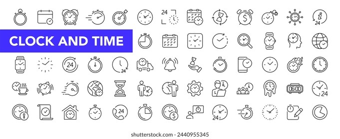 Time and Clock icon set with editable stroke.Timer and calendar thin line icon collection. Vector illustration