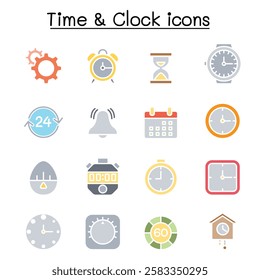 Time and clock icon set in flat color style