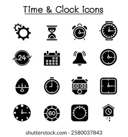 Time and clock icon set in glyph style