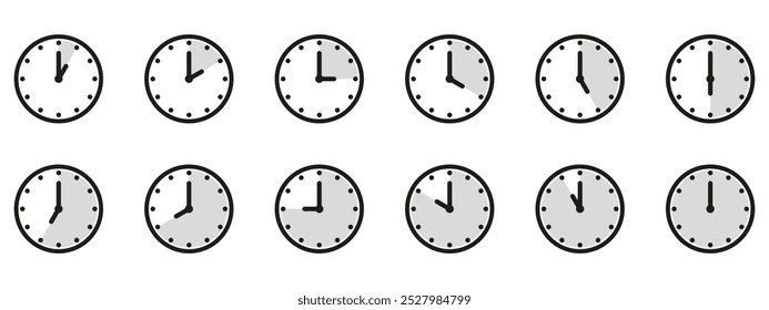 Ícone de hora e relógio definido. Meio passado do sinal do relógio.Completa doze horas apontadas no sentido horário ilustração vetorial. Conjunto de ícones de relógios de parede analógicos.