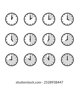 Ícone de hora e relógio definido. Meio passado do sinal do relógio.Completa doze horas apontadas no sentido horário ilustração vetorial.