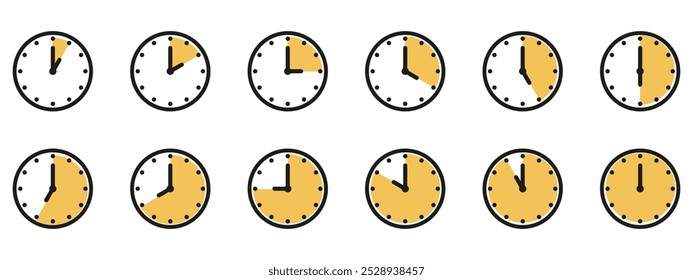 Ícone de hora e relógio definido. Meio passado do sinal do relógio.Completa doze horas apontadas no sentido horário ilustração vetorial.