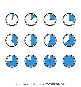 Ícone de hora e relógio definido. Meio passado do sinal do relógio.Completa doze horas apontadas no sentido horário ilustração vetorial.