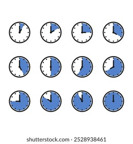 Ícone de hora e relógio definido. Meio passado do sinal do relógio.Completa doze horas apontadas no sentido horário ilustração vetorial.