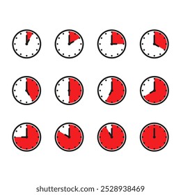 Ícone de hora e relógio definido. Meio passado do sinal do relógio.Completa doze horas apontadas no sentido horário ilustração vetorial.