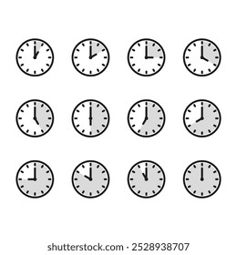 Ícone de hora e relógio definido. Meio passado do sinal do relógio.Completa doze horas apontadas no sentido horário ilustração vetorial. Conjunto de ícones de relógios de parede analógicos.