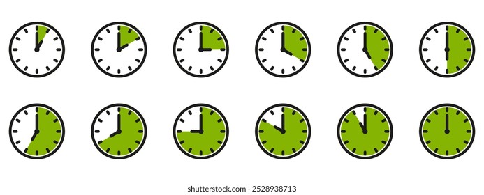 Ícone de hora e relógio definido. Meio passado do sinal do relógio.Completa doze horas apontadas no sentido horário ilustração vetorial. Conjunto de ícones de relógios de parede analógicos.