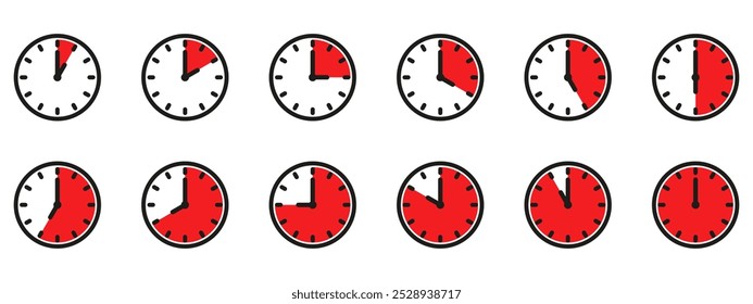 Ícone de hora e relógio definido. Meio passado do sinal do relógio.Completa doze horas apontadas no sentido horário ilustração vetorial. Conjunto de ícones de relógios de parede analógicos.