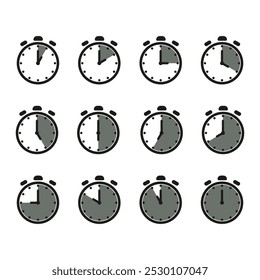 Ícone de hora e relógio definido. Meio passado do sinal do relógio.Completa doze horas apontadas no sentido horário ilustração vetorial. Conjunto de ícones de relógios de parede analógicos.