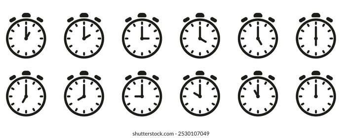 Ícone de hora e relógio definido. Meio passado do sinal do relógio.Completa doze horas apontadas no sentido horário ilustração vetorial. Conjunto de ícones de relógios de parede analógicos.