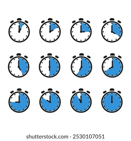 Time and clock icon set. Half past of the clock sign.Complete twelve hours pointed clockwise o'clock vector illustration. Analog wall clocks icons set.