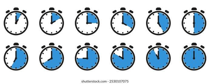 Time and clock icon set. Half past of the clock sign.Complete twelve hours pointed clockwise o'clock vector illustration. Analog wall clocks icons set.