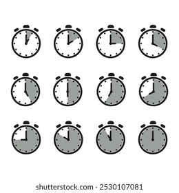 Ícone de hora e relógio definido. Meio passado do sinal do relógio.Completa doze horas apontadas no sentido horário ilustração vetorial. Conjunto de ícones de relógios de parede analógicos.