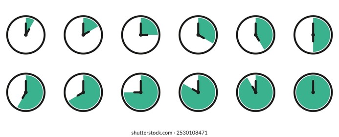 Conjunto de iconos de tiempo y reloj. La mitad más allá de la señal del reloj. Completa doce horas apuntando en el sentido de las agujas del reloj de Ilustración vectorial. Conjunto de iconos de relojes de pared analógicos.