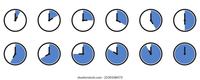 Ícone de hora e relógio definido. Meio passado do sinal do relógio.Completa doze horas apontadas no sentido horário ilustração vetorial. Conjunto de ícones de relógios de parede analógicos.