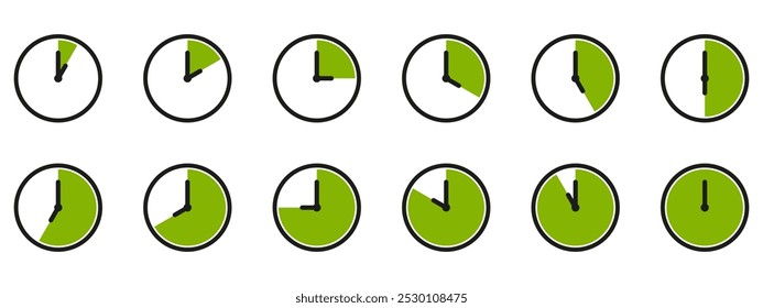 Ícone de hora e relógio definido. Meio passado do sinal do relógio.Completa doze horas apontadas no sentido horário ilustração vetorial. Conjunto de ícones de relógios de parede analógicos.