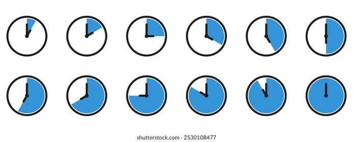 Ícone de hora e relógio definido. Meio passado do sinal do relógio.Completa doze horas apontadas no sentido horário ilustração vetorial. Conjunto de ícones de relógios de parede analógicos.