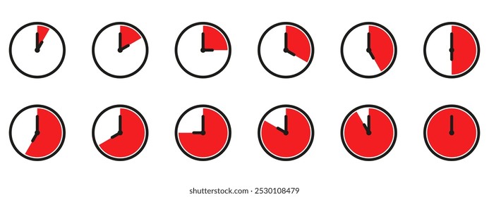 Ícone de hora e relógio definido. Meio passado do sinal do relógio.Completa doze horas apontadas no sentido horário ilustração vetorial. Conjunto de ícones de relógios de parede analógicos.