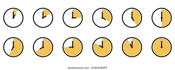 Ícone de hora e relógio definido. Meio passado do sinal do relógio.Completa doze horas apontadas no sentido horário ilustração vetorial. Conjunto de ícones de relógios de parede analógicos.