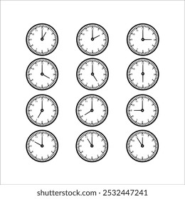 Ícone de hora e relógio definido. Metade além da marca da hora. Doze relógios completos apontando para a ilustração vetorial no sentido horário. Conjunto de ícones analógicos do relógio de parede.