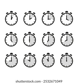 Ícone de hora e relógio definido. Metade após o sinal do relógio.Completar doze horas apontadas no sentido horário. Conjunto de ícones de relógios de parede analógicos.