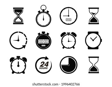 Time and clock icon set. Hourglass, stopwatch, watches, alarm clocks. Simple icon vector design.