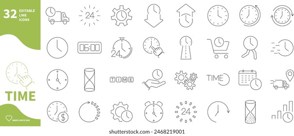 Time and clock icon. Set of clock icons, time settings, delivery times,...