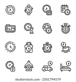 Time And Clock icon set. Includes alarm clock, calendar, bedtime, padlock, hourglass, work time, and More. Outline icons vector collection.