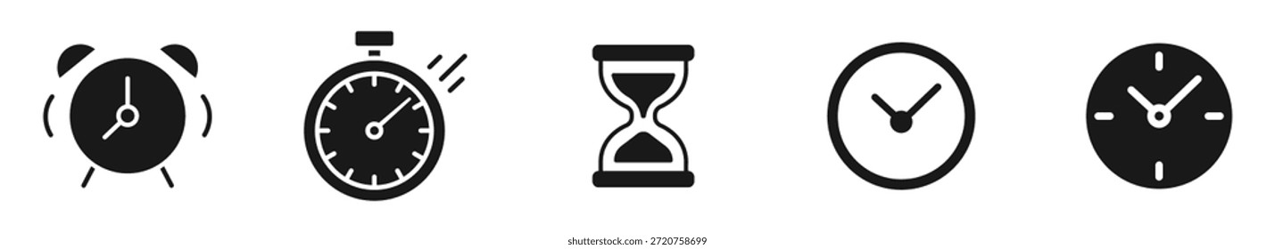  Conjunto de iconos de tiempo y reloj en estilo de contorno y silueta, que incluye despertador, cronómetro, reloj de arena y reloj de pared, Ilustración vectorial.