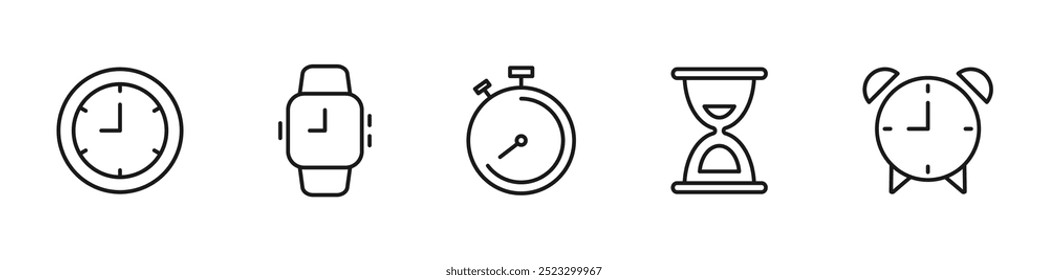 Conjunto de iconos de tiempo y reloj. Reloj, cronómetro, reloj de pulsera, despertador, reloj de arena. Iconos de línea de trazo editables. Ilustración vectorial.