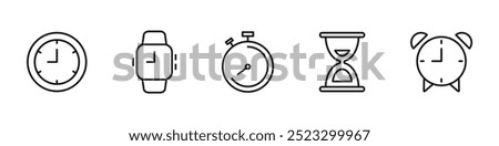 Time and clock icon set. Clock, stopwatch, wristwatch, alarmclock, hourglass. Editable stroke line icons. Vector illustration.