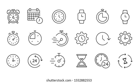 Time and clock icon set, timer, speed, alarm, restore, management, calendar, watch thin line symbols for web and mobile phone on white background - editable stroke vector illustration eps10