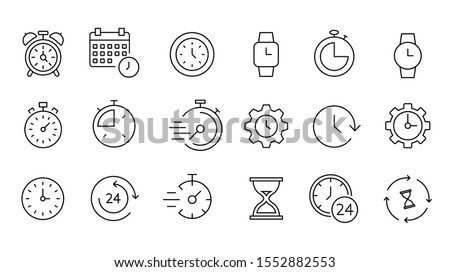 Time and clock icon set, timer, speed, alarm, restore, management, calendar, watch thin line symbols for web and mobile phone on white background - editable stroke vector illustration eps10 Foto d'archivio © 