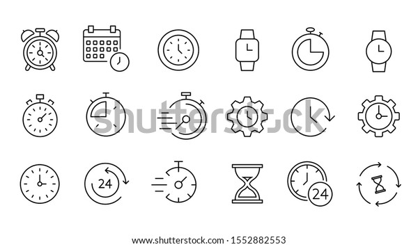Time and clock icon set, timer, speed, alarm,\
restore, management, calendar, watch thin line symbols for web and\
mobile phone on white background - editable stroke vector\
illustration eps10