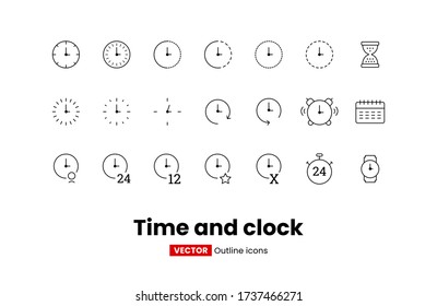 Time and clock icon set of vector outline icons in modern flat clean style illustration - Editable simple Stroke.