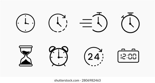 Time and clock icon set vector illustration, minimalist black outline collection featuring wall clock, stopwatch, history tracking, fast delivery timer, hourglass, alarm clock, 24 hours service, and digital clock isolated on a pure white background.