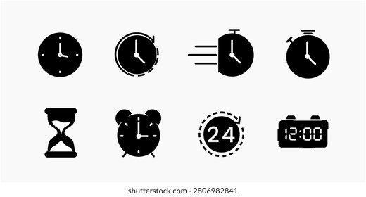 Time and clock icon set vector illustration, minimalist black solid glyph collection featuring wall clock, stopwatch, history tracking, fast delivery timer, hourglass, alarm clock, 24 hours service, and digital clock isolated on a pure white background.